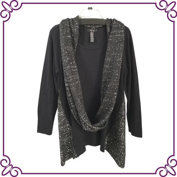 Style & Co. Black & Silver Sequined Tunic Long Sleeve Sweater with Scarf Large - Picture 1 of 9